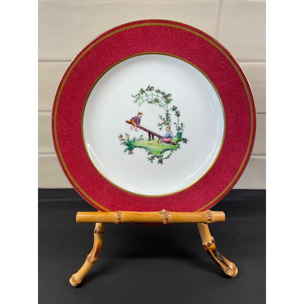 Wedgwood Swinburne Ruby Red Hand Painted Asian Garden Scene Luncheon Salad Plate